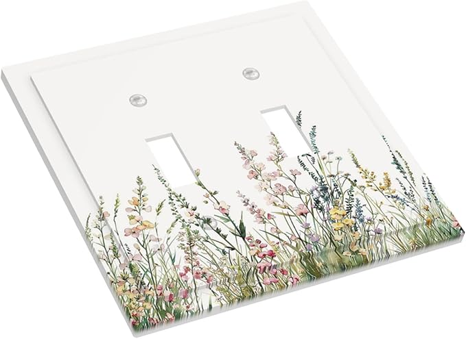 Decorative Switch Plates Boho Wildflower Green Leaves Rustic Floral Botanical 2 Gang Double Toggle Wall Plate Outlet Light Switch Cover Electrical Faceplate for Bedroom living Room Decor