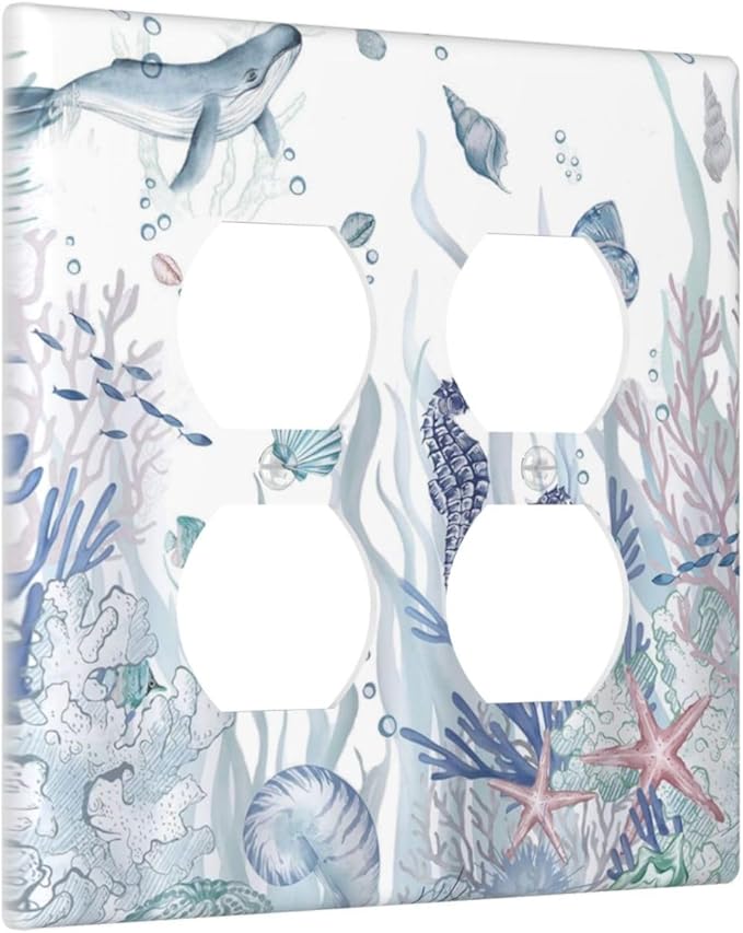 Ocean Themed Coral Seahorse Seashell Starfish Beach Outlet Covers 2 Gang Double Duplex Decorative Light Switch Covers Electrical Wallplates Socket Faceplate for Bathroom Home Decor