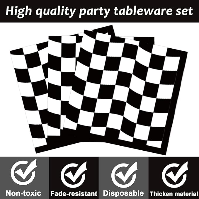96PCS Race Car Birthday Party Decorations Black and White Checkered Plates Sports Themed Table Supplies Decorations Racing Dessert Plates Napkins Forks for 24 Guests Racing Car Birthday Party Favors