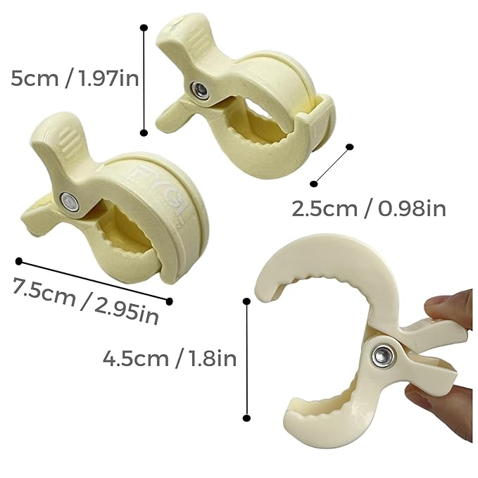 4-Pack Stroller Organizer: 2 Universal Pram Clips with 2 Stroller Hooks | Convenient Travel & Shopping Essentials for Baby Carriage - Light Yellow