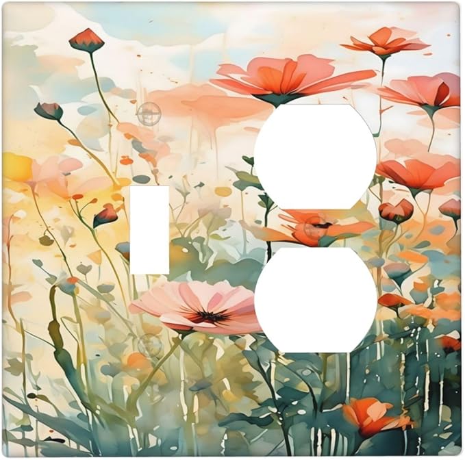 Vintage Red Orange Yellow Poppy Floral Flowers Wallplates 1 Toggle 1 Duplex Switch Plate Electrical GFCI Faceplate Decorative Light Switch Covers for Bedroom Living Room Decor