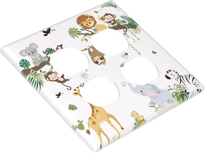 Jungle Animals Tree Branch Monkey Giraffe Lion Elephant Outlet Covers 2 Gang Double Duplex Decorative Light Switch Covers Electrical Wallplates Socket Faceplate for Kids Room Nursery Decor