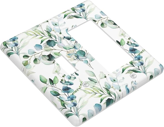Green Eucalyptus Sage Leaf 2 Gang Combination Single Toggle/Decorator Wall Plate Elegant Ivy Vine Olive Plant Bontay Combo 1-Toggle 1-GFCI/Rocker Outlet Light Switch Dimmer Receptacle Faceplate Cover