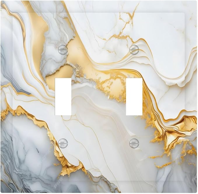 Exquisite White Gold Marble Abstract Luxurious Print Decorative Switch Plates 2 Gang Double Toggle Outlet Light Switch Cover Wall Plate Electrical Faceplate for Bathroom Kitchen Decor
