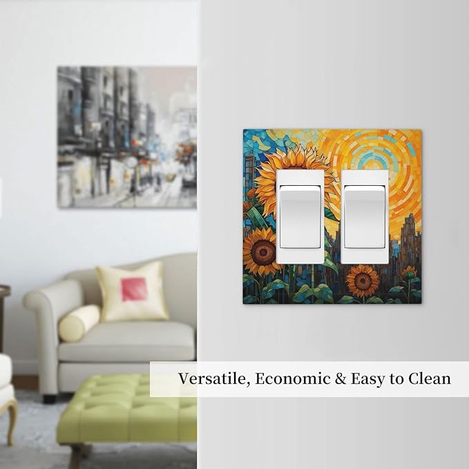 Abstract Sunflower Graffiti Floral Paint Art Flower Decorative Outlet Covers 2 Gang Double Gfci Rocker Electrical Wall Panels Light Switch Cover Plate for Bedroom Living Room Decor