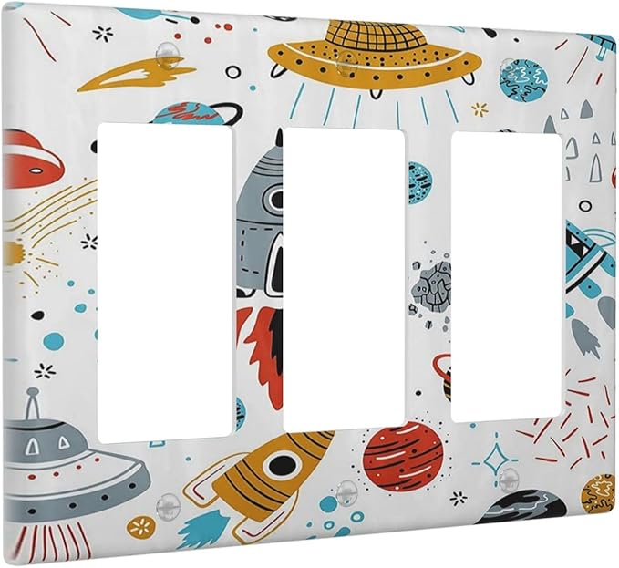 Cartoon Space Rocket Boys Universe Planet 3 Gang Rocker Light Switch Covers Decorative Unique Triple Outlet Wall Plate Cover Faceplate Decorative Switchplate GFCI for Nursery Kidroom Bedroom