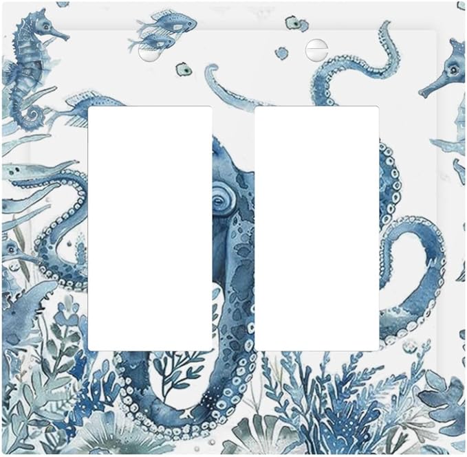 Blue Octopus Squid Seahorse Coral Watercolor Wild Sealife Decorative Outlet Covers 2 Gang Double GFCI Rocker Electrical Wall Panels Light Switch Cover Plate for Bathroom Kids Room Decor
