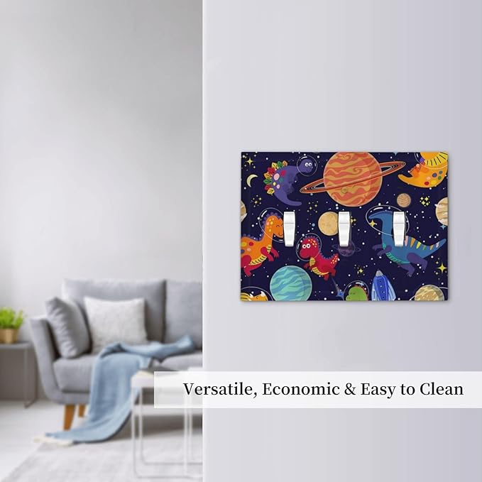 Navy Blue Cute Cartoon Dino Dinosaur Decorative 3 Gang Toggle Light Switch Covere Plate Kids Universe Galaxy Outer Space Planet Nebula Boy Electrical Outlet Switch Face Wall Plate Cover Jumbo Size