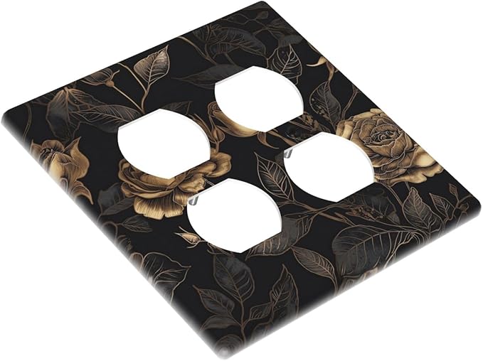 Black Floral Dark Vintage Gold Rose Flower Outlet Covers 2 Gang Double Duplex Decorative Light Switch Covers Electrical Wallplates Socket Faceplate for Bedroom Living Room Decor