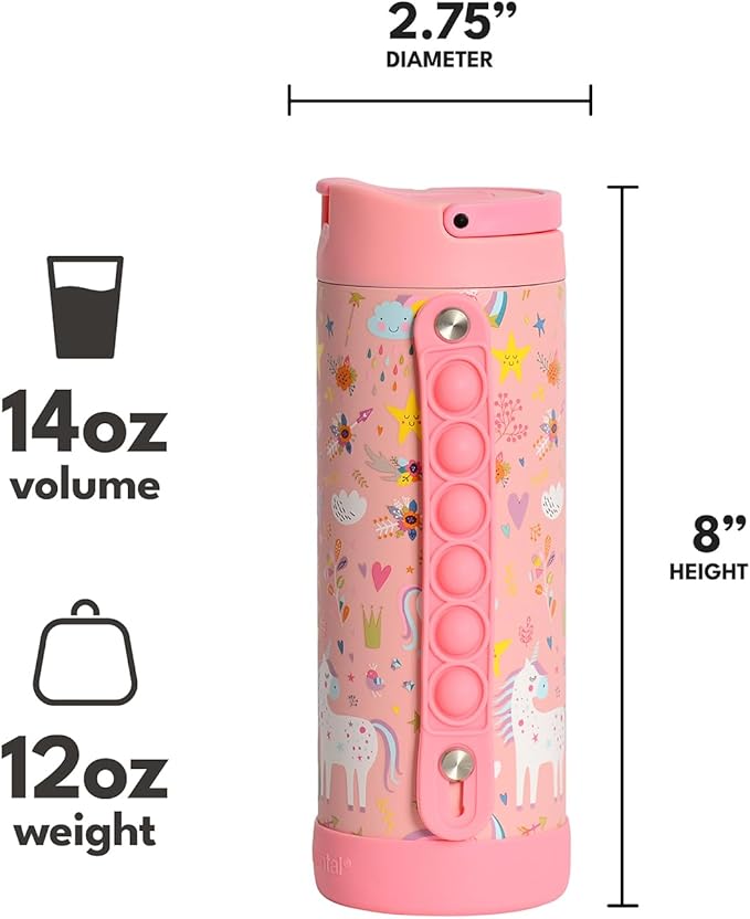 Elemental Iconic Kids Water Bottle for School - 100% Leak-Proof Insulated Water Bottles with Straw Lid & Pop-It Handle for Boys & Girls - Triple-Wall Insulated & BPA-Free, 14oz – Pink Unicorn