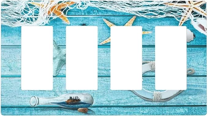 Turquoise Teal Fishing Net Wood Plank 4 Gang Quad Rocker Light Switch Cover Plate Decorative Electric Faceplate Switchplate Living Room Bedroom Decorate Jumbo Screwless