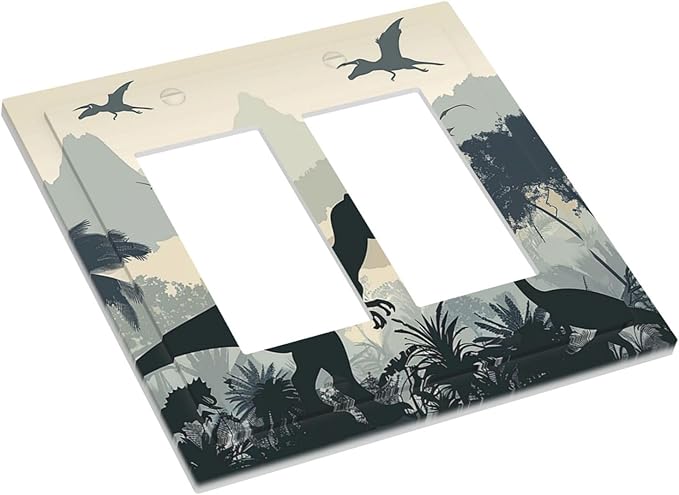 Decorative Outlet Covers Prehistoric World Dinosaur Cartoon Fores 2 Gang Double GFCI Rocker Electrical Wall Panels Light Switch Cover Plate for Kids Room Nursery Decor