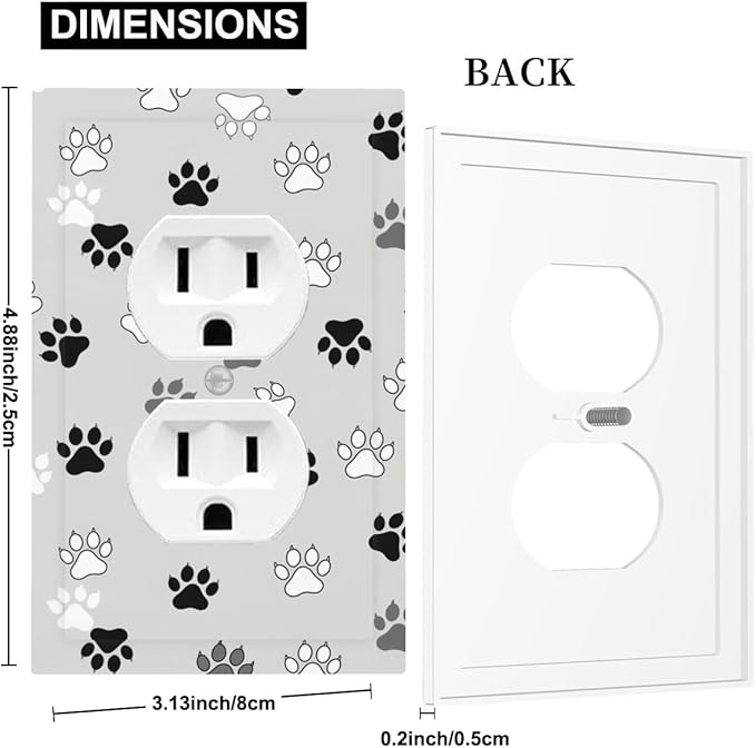 Monochrome Paw Print Duplex Wall Plate - 1-Gang Standard US Size Minimalist Dog Lover's Pet Paws Outlet Covers, Neutral Tone for Pet Owners Decor