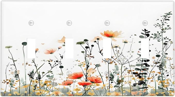 Vintage Country Style Watercolor Leaves Wildflowers Floral Light Switch Covers Quad Toggle Electrical Faceplate 4 Gang Wall Plate Decorative Switch Plates Cover for Bedroom Living Room Decor