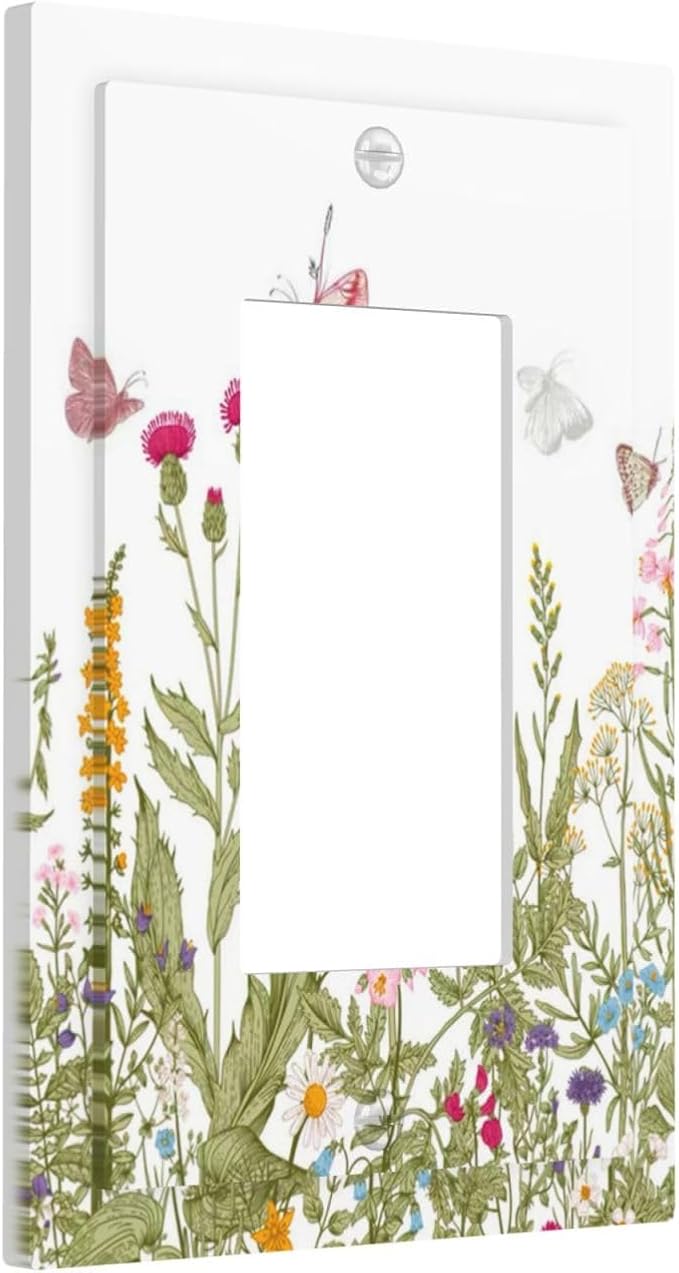 Colorful Butterfly Floral Plants Flower Vine Decorative Outlet Covers 1 Gang Single Rocker Light Switch Cover Plate Wall Plates GFCI Faceplate for Bed Room Living Room Decor