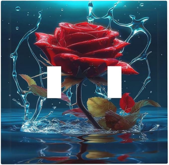 Red Rose Blue Water Drips Double Toggle Light Switch Cover Decorative 2 Gang Wall Plate Electrical Faceplate Switchplate for Kidroom Bathroom Bedroom Living Room Decor