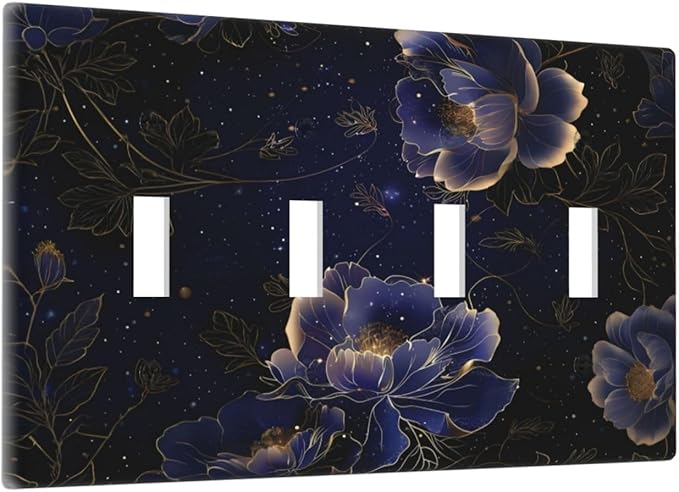 Navy Blue Floral Vintage Flower Dark Watercolor Light Switch Covers Quad Toggle Electrical Faceplate 4 Gang Wall Plate Decorative Switch Plates Cover for Bedroom Living Room Decor