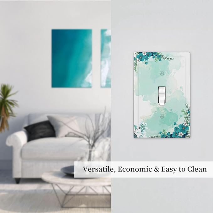 Decorative Light Switch Cover Blue Green Flowers Light Green Watercolor Patterns 1 Gang Single Toggle Decorator Outlet Wall Plate Device Electrical Faceplate Switchplates for Bedroom Home