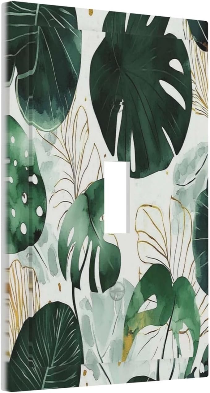 Boho Tropical Green Leaf Watercolor Banana Leaves Decorative Light Switch Cover 1 Gang Single Toggle Device Electrical Faceplate Switchplates Decorator Outlet Wall Plate For Bed Room Living Room Decor