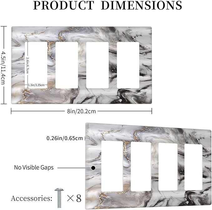 Grey and White Gold Marble 4 Gang Light Switch Cover Quad Rocker Decora Wall Plate Decorative Electrical Outlet Switchplate Modern Abstract Marble Gfci Faceplate for Kitchen Bathroom Decor