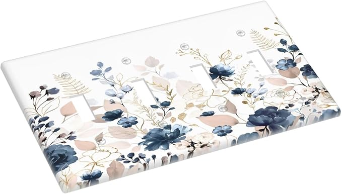 Blue Flora Boho Vintage Flower Golden Leaves Light Switch Covers Quad Toggle Electrical Faceplate 4 Gang Wall Plate Decorative Switch Plates Cover for Bedroom Living Room Decor