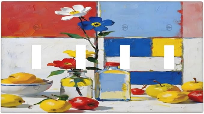 Color Block Floral Still Life Art Red Yellow Blue Abstract Light Switch Covers Quad Toggle Electrical Faceplate 4 Gang Wall Plate Decorative Switch Plates Cover for Farmhouse Bedroom Decor