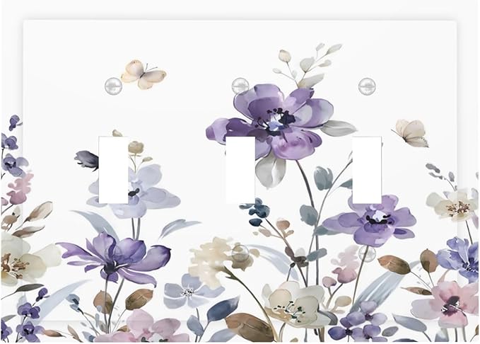 Purple Watercolor Flower Floral Butterfly Decorative Switch Plates 3 Gang Wall Plate Triple Toggle Light Switch Cover Faceplate Electrical Wall Panels for Bedroom Living Room Decor