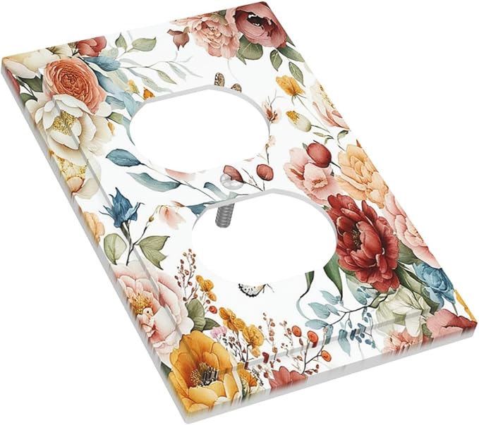 Rustic Style Colorful Peony Butterfly Dragonfly Outlet Covers 1 Gang Duplex Electrical Receptacle Faceplate Light Switch Cover Wall Plate Decorative Switch Plates for Bedroom Living Room Decor
