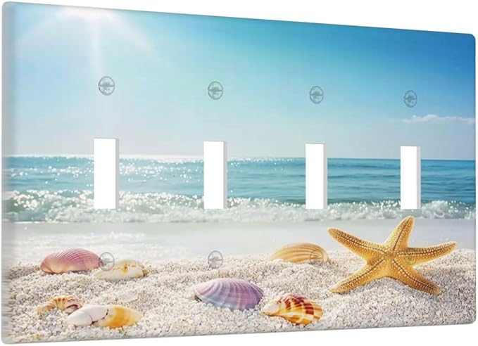 Light Switch Covers Summer Beach Colorful Seashell Starfish Quad Toggle Electrical Faceplate 4 Gang Wall Plate Decorative Switch Plates For Kids Room Nursery Decor