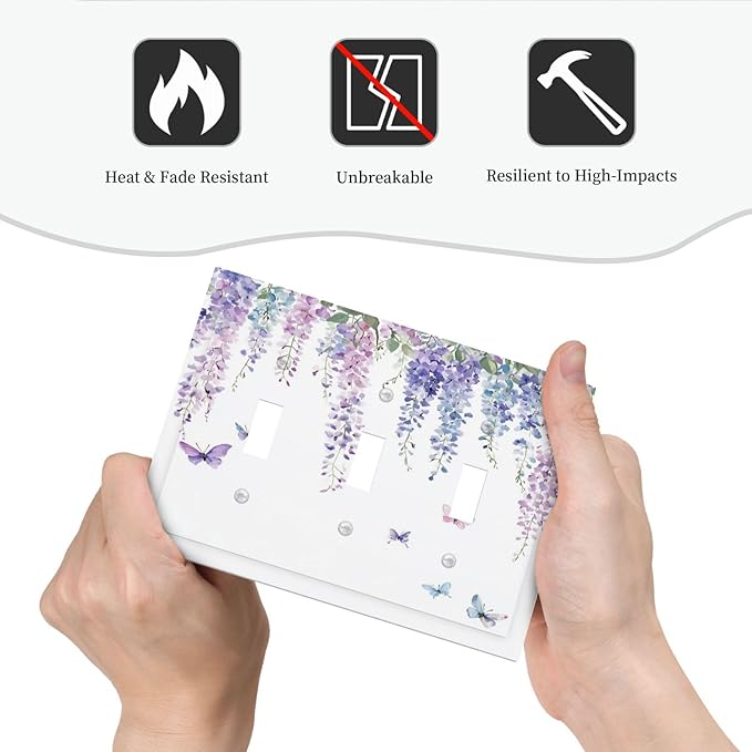 Decorative Switch Plates Purple Flowers Watercolor Floral Butterflies 3 Gang Wall Plate Triple Toggle Light Switch Cover Faceplate Electrical Wall Panels For Bed Room Living Room Decor