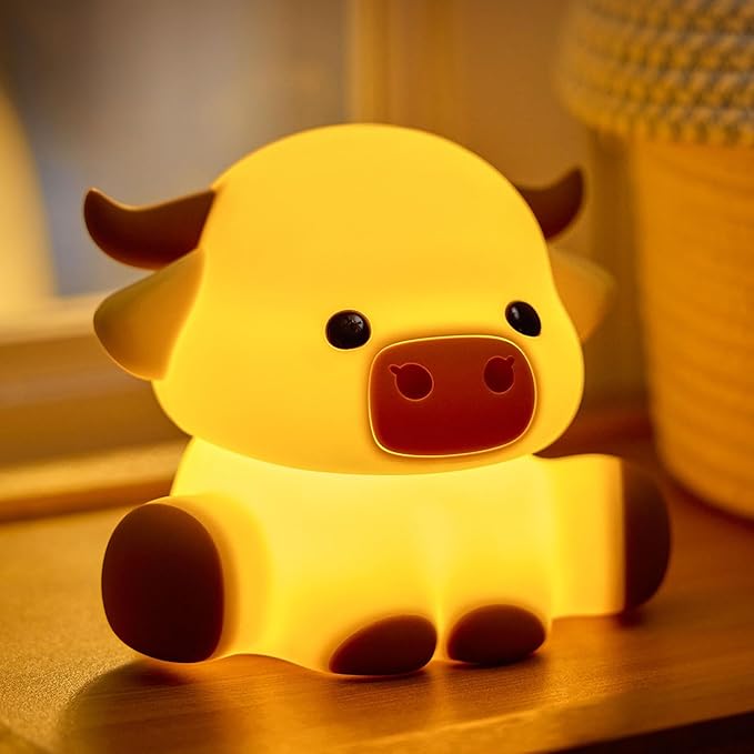 Cattle Night Light for Kids, Squishy Silicone 3-Level Dimmable Touch Control Cute Nightlight with Timer, Portable USB Rechargeable Nursery Pink Night Lamp Gifts for Baby, Toddler Room Decor