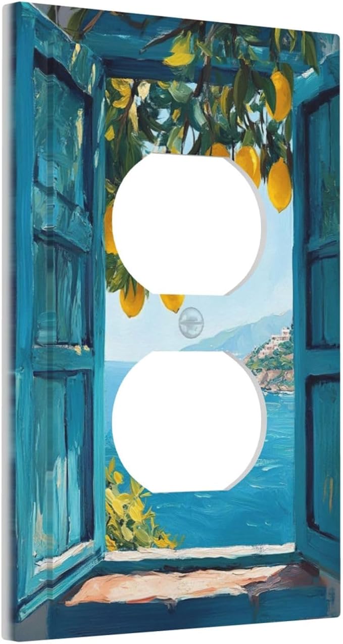 Window View Coastal Lemon Tree Mediterranean Landscape Outlet Covers 1 Gang Duplex Light Switch Cover Decorative Switch Plates Electrical Receptacle Faceplate Wall Plate for Bedroom Living Room Decor