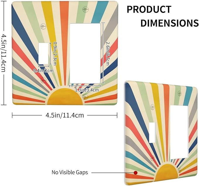 Retro Hippie Boho 60s Sun 2 Gang Combination 1-Toggle 1-Rocker GFCI/Decorator Outlet Light Switch Cover Vintage 70s Mid Century Abstract Sunrise Decorative Combo Two Dual Device Receptacle Wall Plate