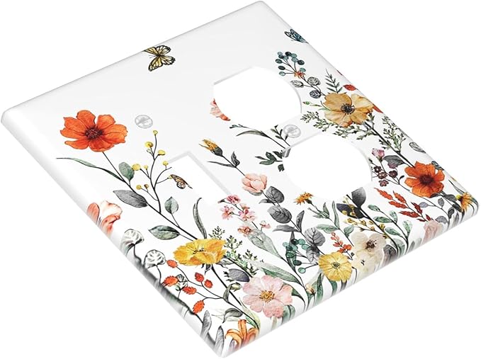 Colored Vintage Floral Colorful Butterfly Wild Flowers 2-Gang 1-Toggle 1-Duplex Device Combination Wallplate Summer Garden One Toggle Switch and One Duplex Receptacle Outlet Combo Light Switch Cover