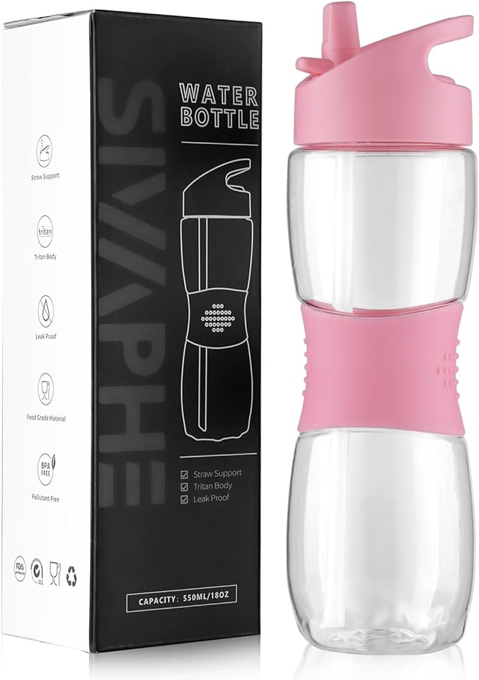 Sivaphe Clear Water Bottle with Straw 18 oz Portable Tritan Transparent Sports Drinking Bottle for School Girls Pink