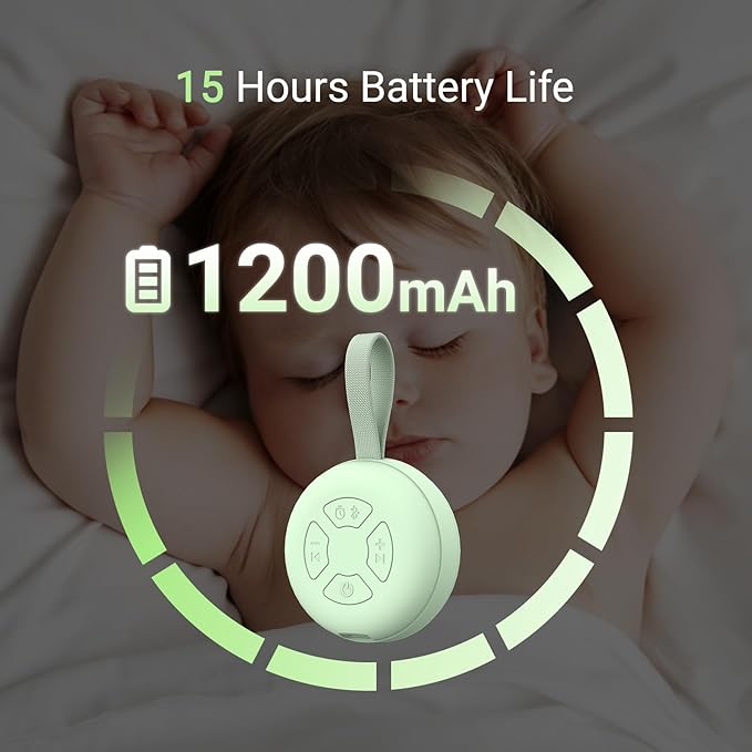 Portable Baby Sound Machine [White Noise for Babies Kids Adults][Supports Bluetooth audio playback][Timer Function][12 Soothing Sounds] 15 Hours Battery Life, Travel,Shower,Clips on Baby Stroller.Mint