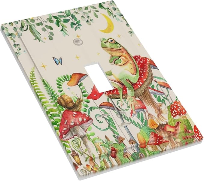 Decorative Light Switch Cover Boho Mushrooms Frogs Butterflies Flowers Moon Stars 1 Gang Single Toggle Decorator Outlet Wall Plate Device Electrical Faceplate Switchplates for Kids room
