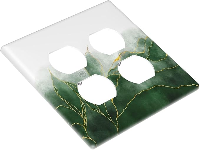 Decorative Light Switch Cover Plate Green Gold Leaf Marble Modern Abstract 2 Gang Decorative Switch Plates 1 Toggle Duplex Combo Outlet Covers GFCI Plug Covers Wallplates for Kitchen Bathroom Decor