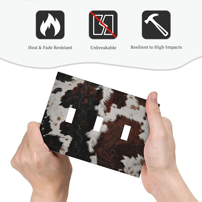Cowhide Print Abstract Animal Fur Rustic Decorative Switch Plates 3 Gang Wall Plate Triple Toggle Light Switch Cover Faceplate Electrical Wall Panels for Farmhouse Home Decor
