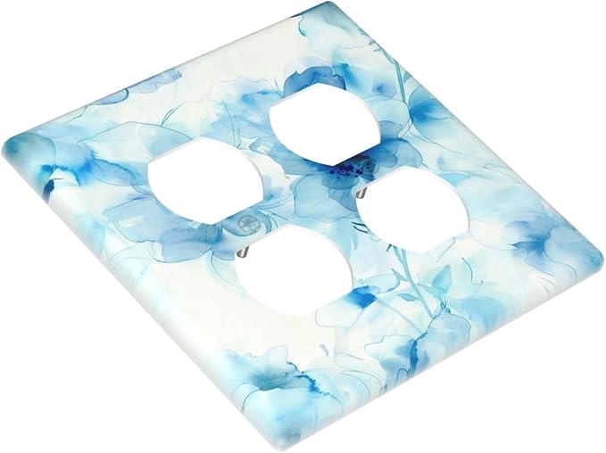 Watercolor Flower Blue White Large Floral Leaf Plants Outlet Covers 2 Gang Double Duplex Decorative Light Switch Covers Electrical Wallplates Socket Faceplate for Bedroom Living Room Decor