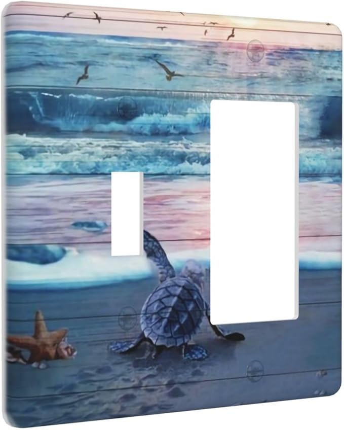 2 Gang Combination 1-Toggle 1-Rocker GFCI/Decorator Outlet Light Switch Cover Nautical Sea Ocean Beach Blue Turtles Starfish Coastal Marine Decorative Combo Two Dual Device Receptacle Wall Plate