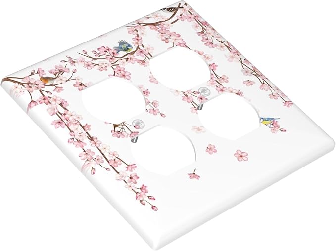 Pink Cherry Blossom Flower Vine Floral Tree Branch Birds Outlet Covers 2 Gang Double Duplex Decorative Light Switch Covers Electrical Wallplates Socket Faceplate for Bedroom Living Room Decor