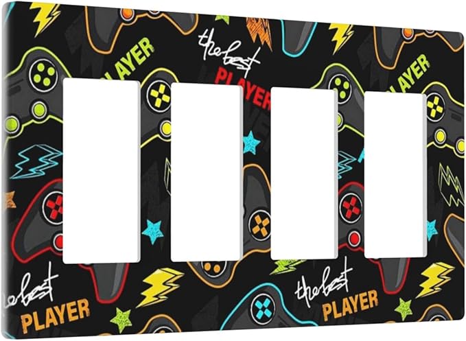 Kid Boys Gamer Gaming Game 4 Gang Quad Rocker Light Switch Cover Plate Decorative Electric Faceplate Switchplate Living Room Bedroom Decorate Jumbo Screwless