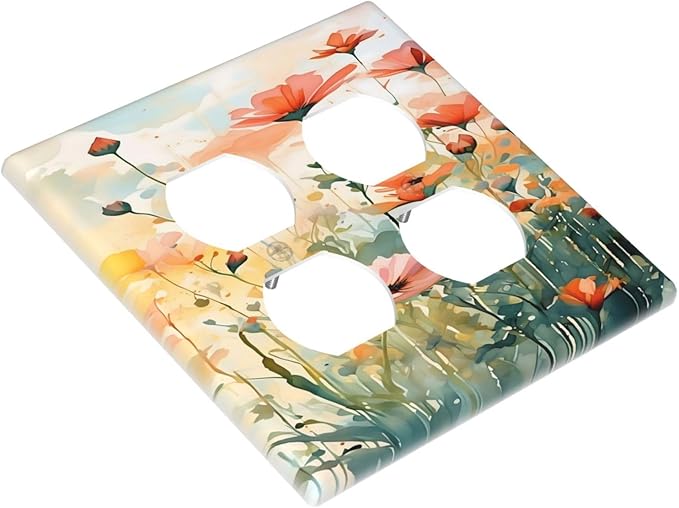 Vintage Red Orange Yellow Poppy Floral Flowers Outlet Covers 2 Gang Double Duplex Decorative Light Switch Covers Electrical Wallplates Socket Faceplate for Bedroom Living Room Decor