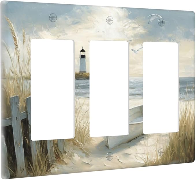 Sea Beach3 Gang Rocker Outlet Covers Triple Rocker Light Switch Cover Old Ship Reed Lighthouse Seascape Switchplates Wall Plate Decorative Faceplate for Bedroom Kitchen Home Decor