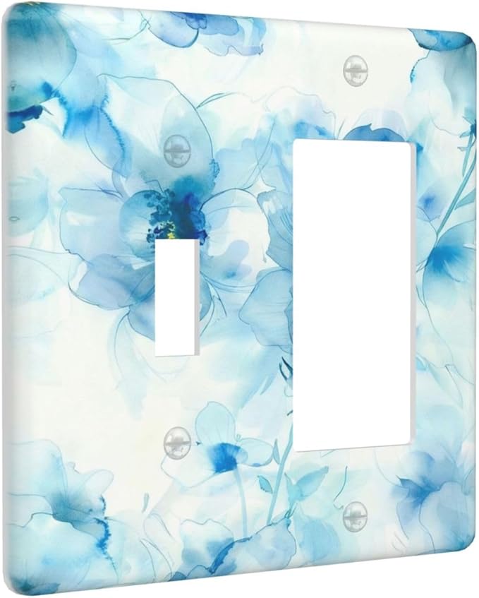 Watercolor Flower Blue White Large Floral Leaf Plants Outlet Covers 1 Toggle 1 Rocker Combination Decorative Wall Plate Electrical Switch Plates Light Switch Cover Plate for Bedroom Living Room Decor