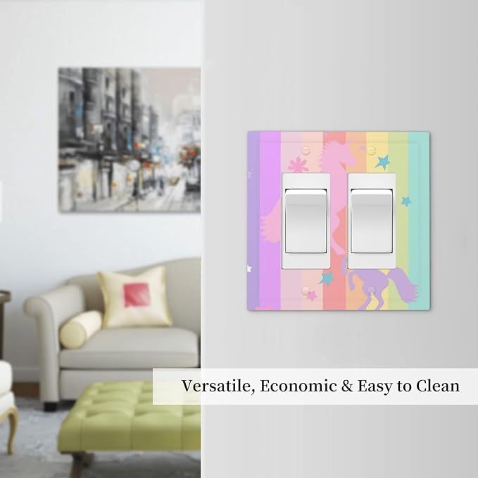 Cute Purple Pink Rainbow Unicorn Double Rocker Light Switch Cover Plate 2 Gang Outlet Covers Switchplates Wallplate Decorative Electrical Faceplate for Nursery Girls Boys Room Kids Room Decor