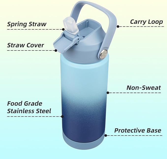 Konokyo Insulated Water Bottle with Straw Lid,18 oz Stainless Steel Vacuum Metal Bottle with Silicone Handle,Sky