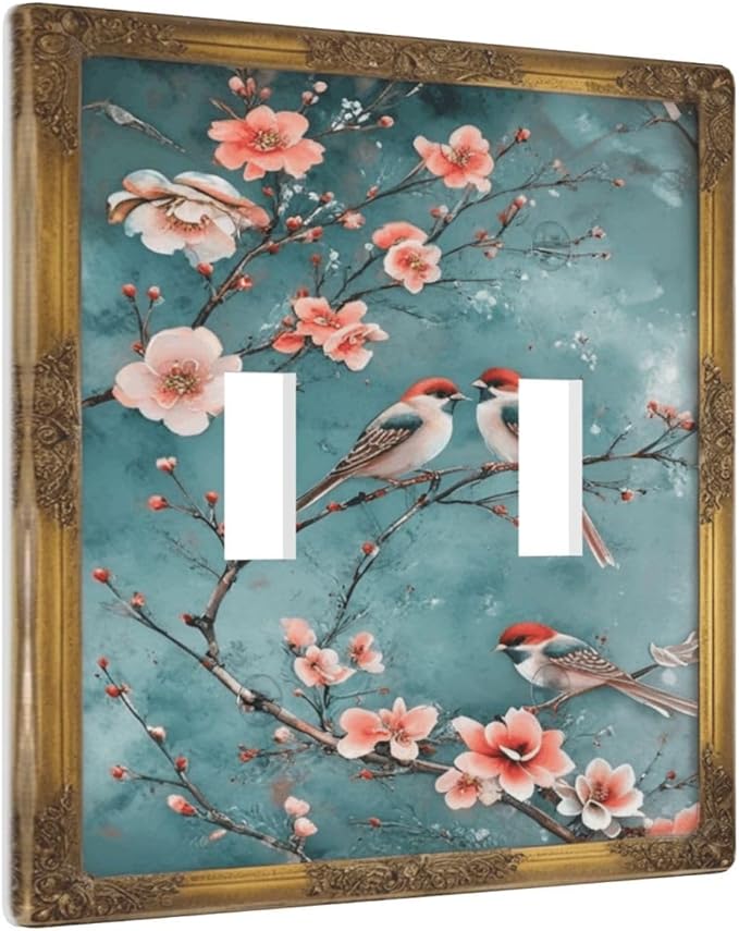 Decorative Art Light Switch Covers Vintage Chinoiserie Oriental - Teal Birds and Floral Branch 2 Gang Double Toggle Wall Plate Decorative Switchcover Electrical Switchplate for Home Decor
