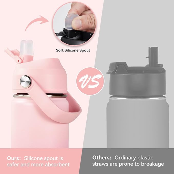 Fijinhom 24oz Insulated Stainless Steel Water Bottle, Wide Mouth Double Wall Vacuum, Silicone Straw, Sweat & Leak Proof, BPA Free Insulated Water Flask for Travel, Keep Cold 24h Hot 12h, Coral Pink